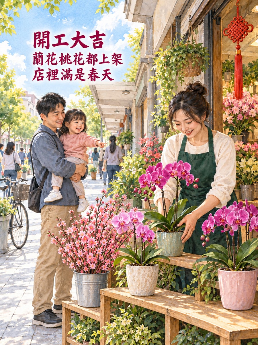 花店開工擺年花。圖中文字：開工大吉，蘭花桃花都上架，店裡滿是春天
