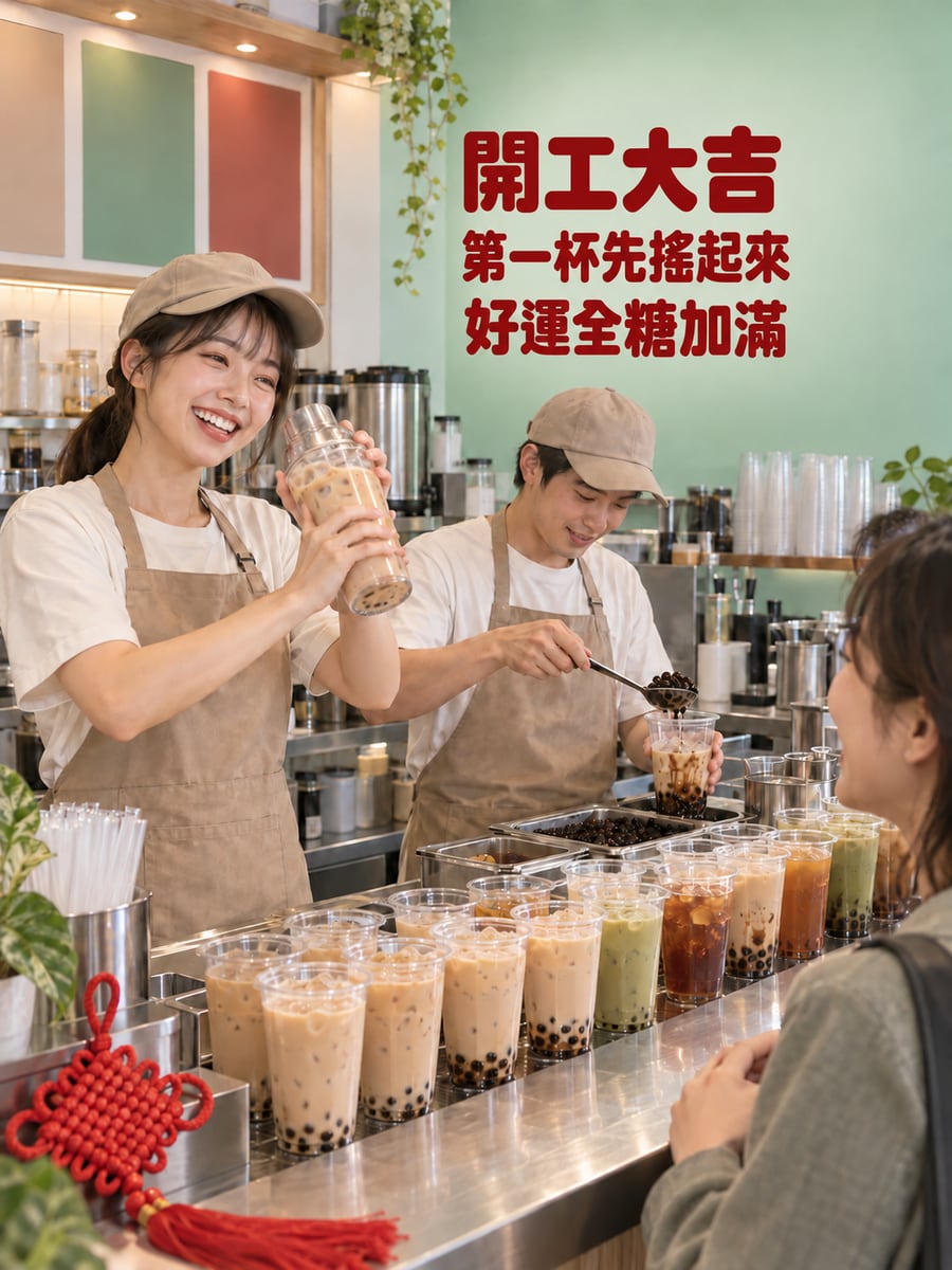 手搖飲店搖第一杯。圖中文字：開工大吉，第一杯先搖起來，好運全糖加滿