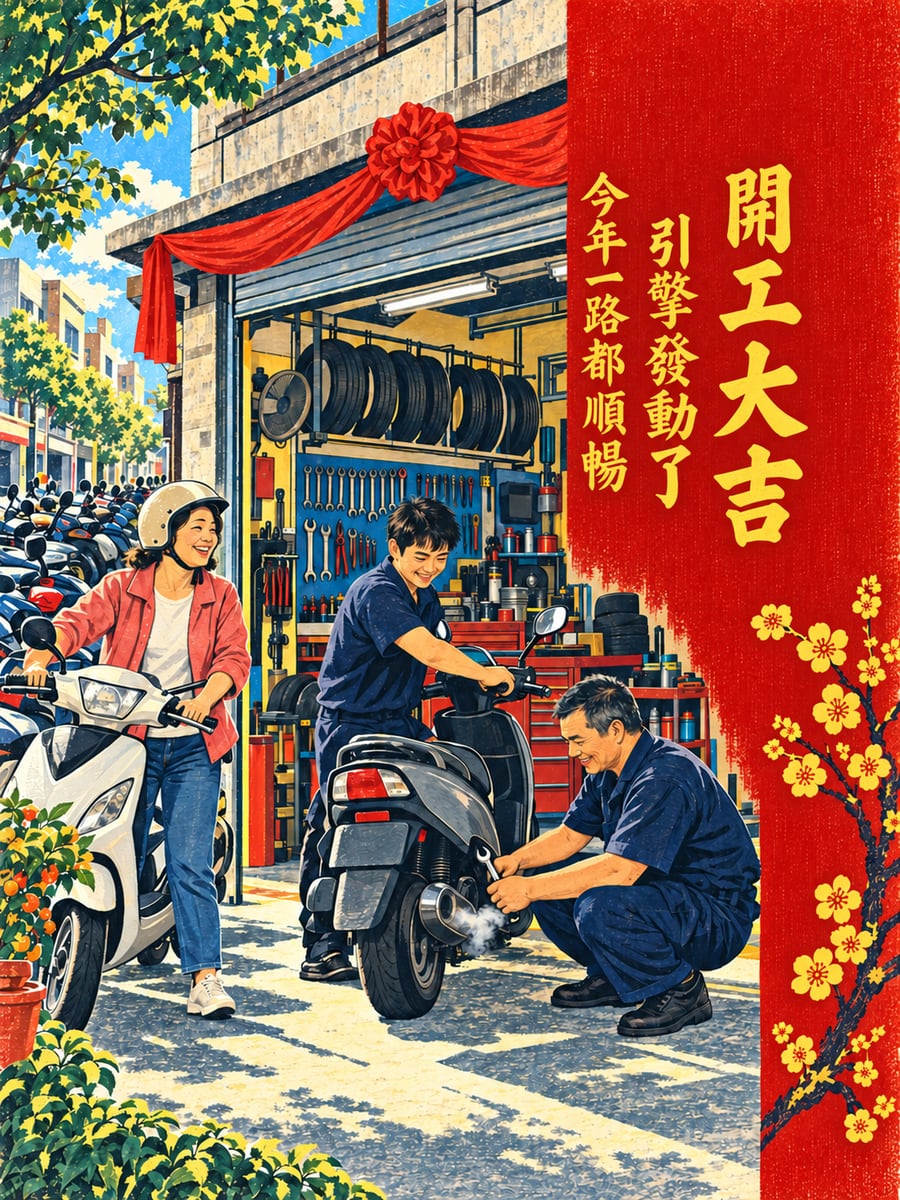 版畫機車行開工。圖中文字：開工大吉，引擎發動了，今年一路都順暢
