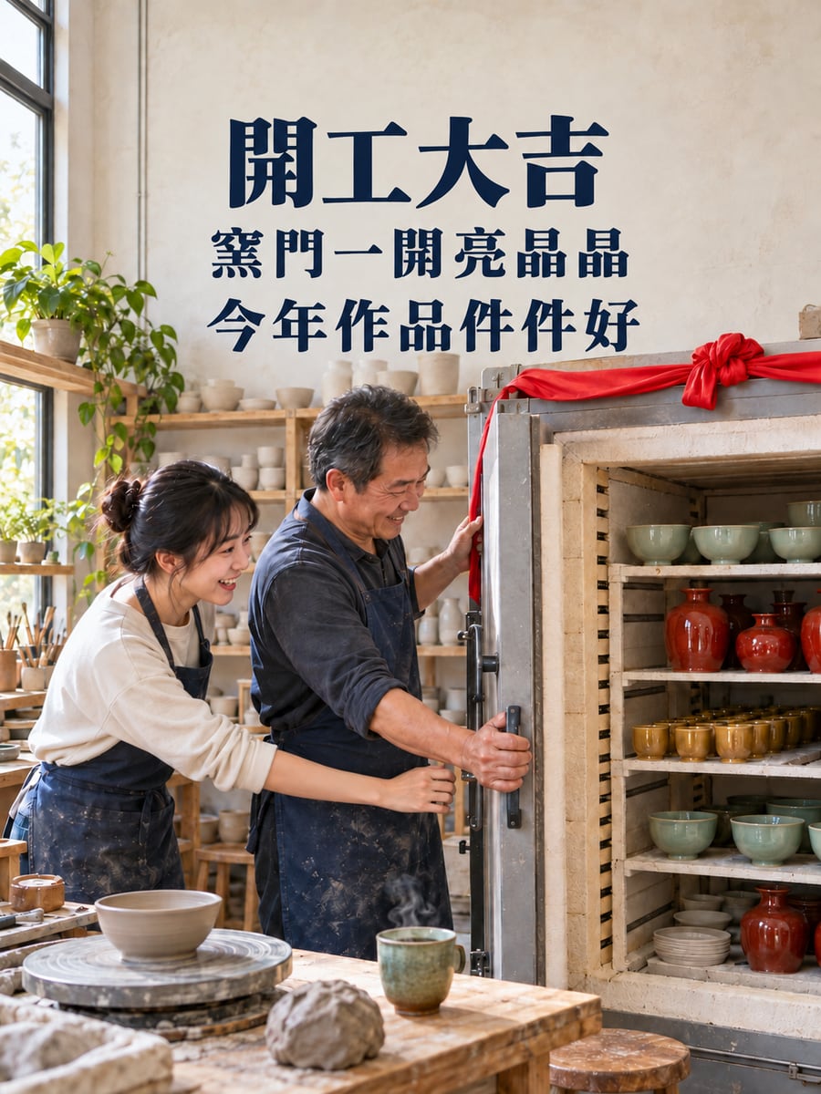 陶藝工作室開窯。圖中文字：開工大吉，窯門一開亮晶晶，今年作品件件好