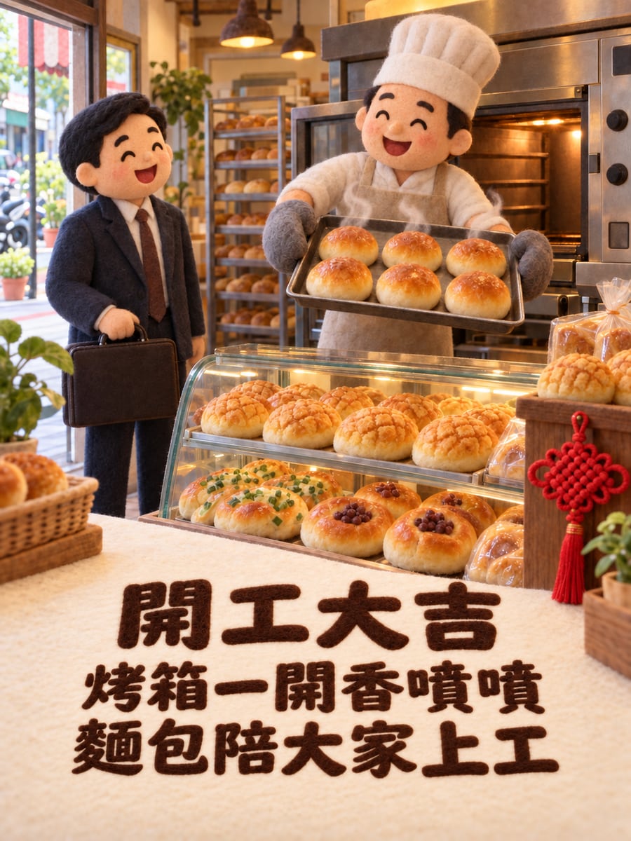 羊毛氈麵包店開爐。圖中文字：開工大吉，烤箱一開香噴噴，麵包陪大家上工
