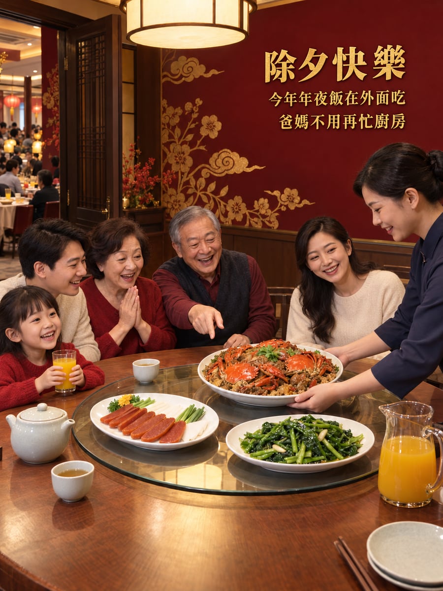 餐廳包廂年夜飯。圖中文字：除夕快樂，今年年夜飯在外面吃，爸媽不用再忙廚房