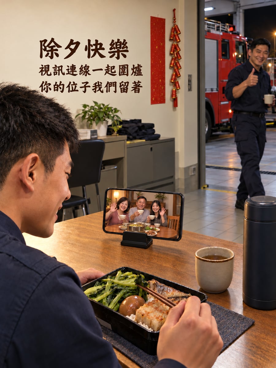 值班消防員視訊圍爐。圖中文字：除夕快樂，視訊連線一起圍爐，你的位子我們留著