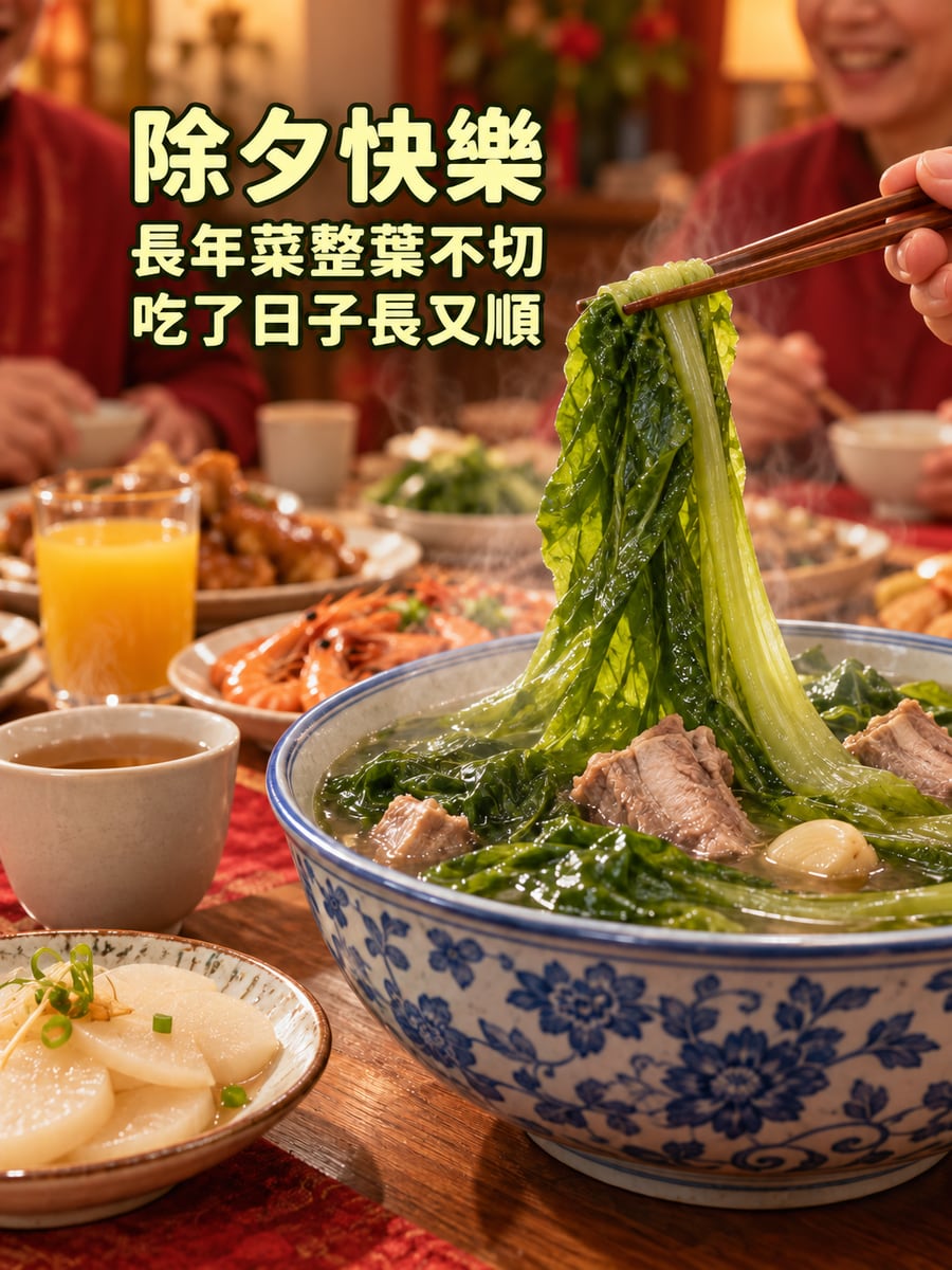 長年菜整葉夾起。圖中文字：除夕快樂，長年菜整葉不切，吃了日子長又順