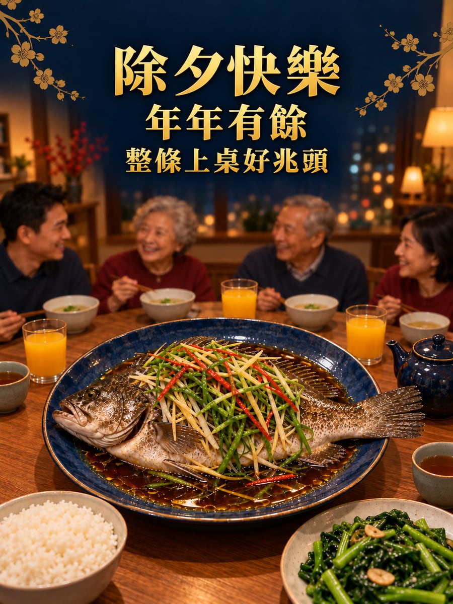 頭尾完整的清蒸魚。圖中文字：除夕快樂，年年有餘，整條上桌好兆頭