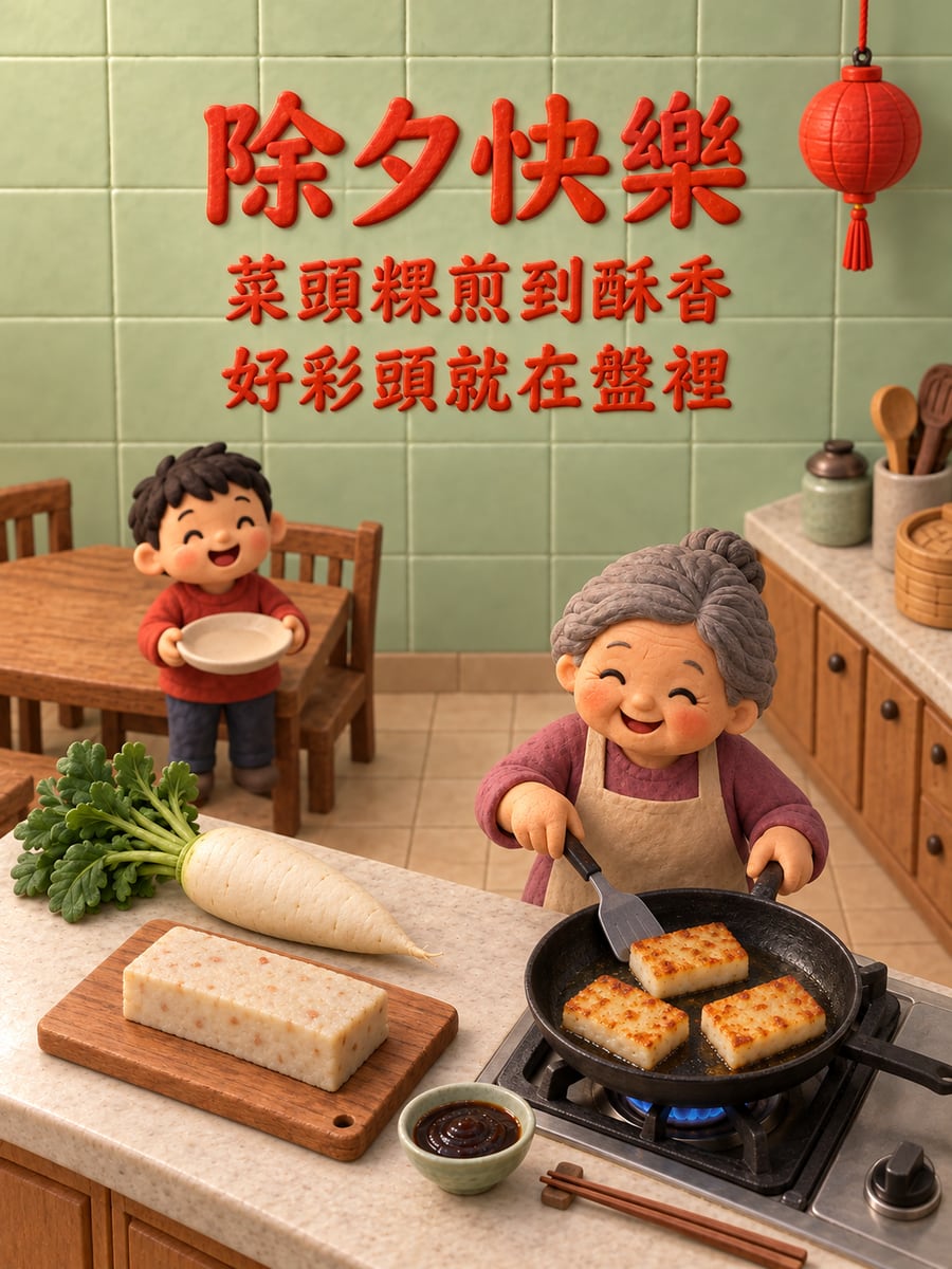 黏土菜頭粿好彩頭。圖中文字：除夕快樂，菜頭粿煎到酥香，好彩頭就在盤裡
