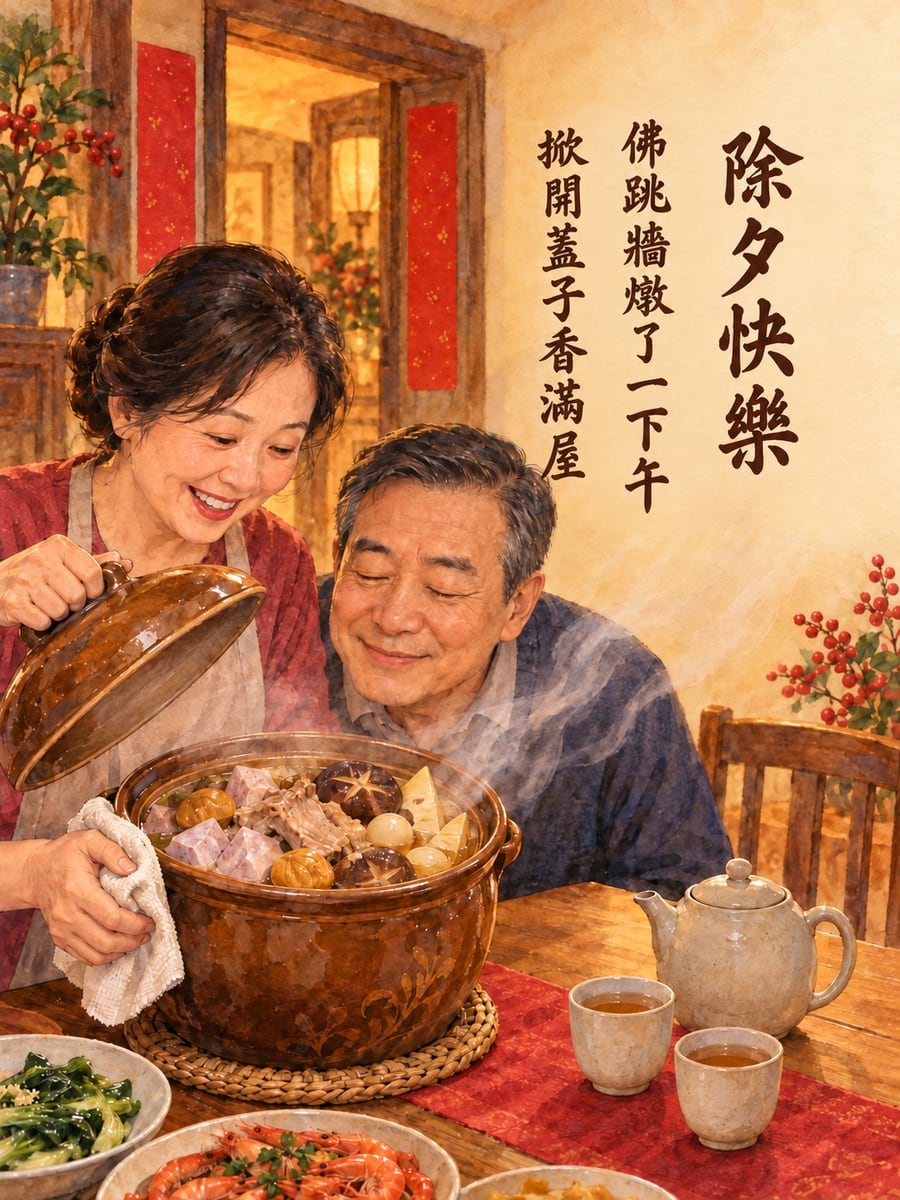 水彩佛跳牆開蓋。圖中文字：除夕快樂，佛跳牆燉了一下午，掀開蓋子香滿屋