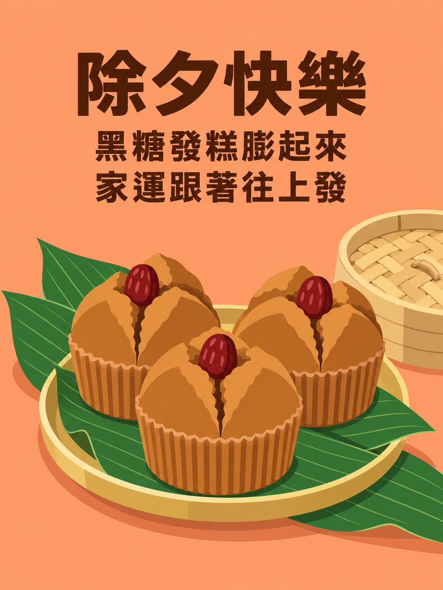 平面黑糖發糕。圖中文字：除夕快樂，黑糖發糕膨起來，家運跟著往上發