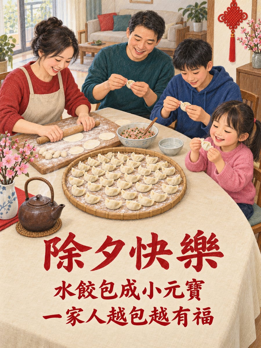 全家包水餃。圖中文字：除夕快樂，水餃包成小元寶，一家人越包越有福