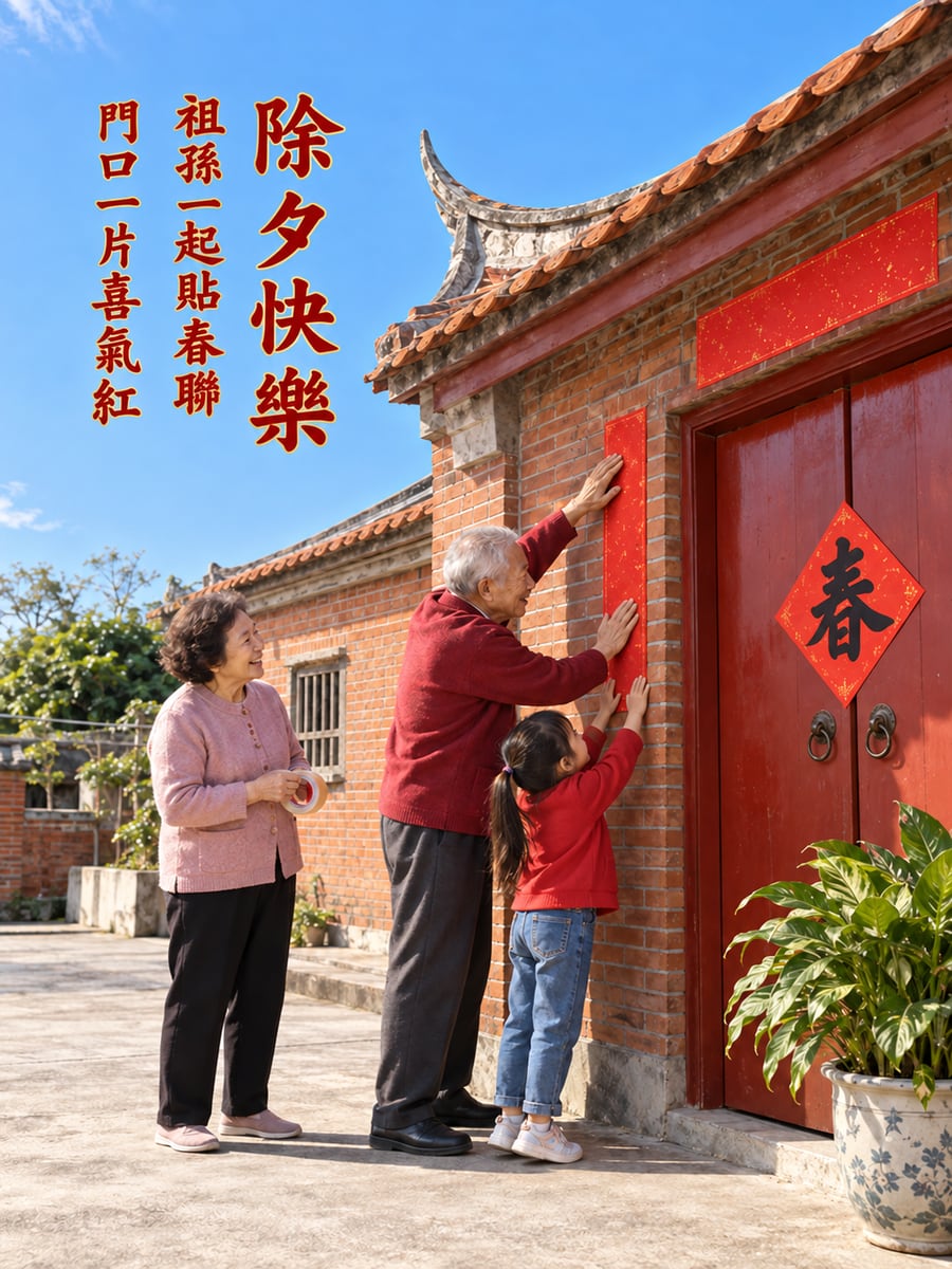 祖孫貼春聯。圖中文字：除夕快樂，祖孫一起貼春聯，門口一片喜氣紅