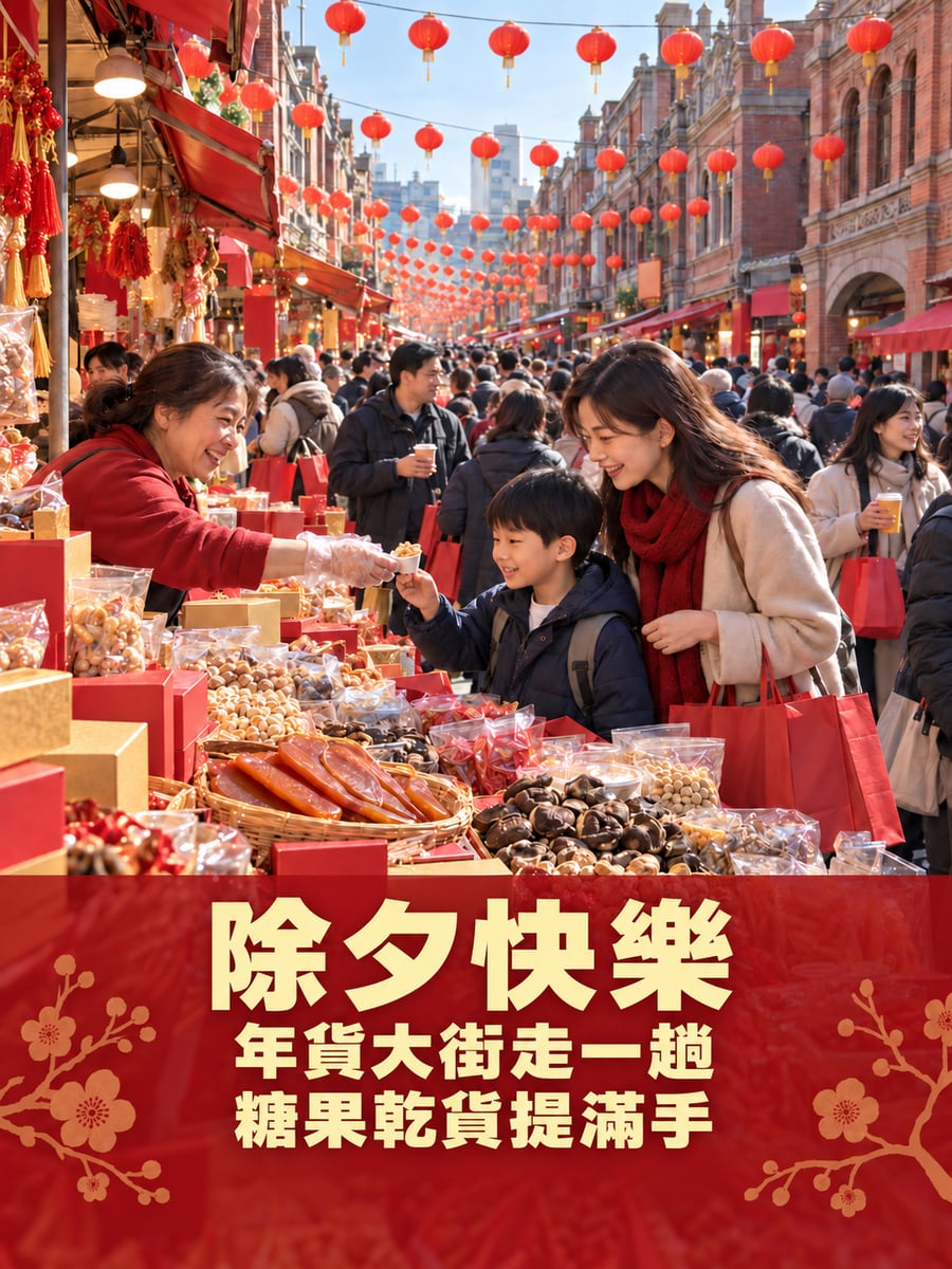 迪化街年貨大街。圖中文字：除夕快樂，年貨大街走一趟，糖果乾貨提滿手