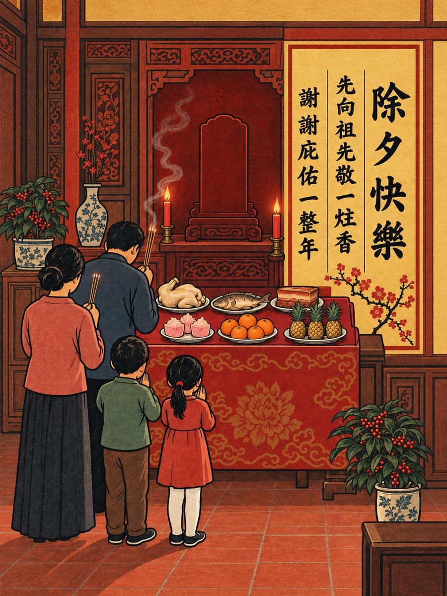 木版年畫拜祖先。圖中文字：除夕快樂，先向祖先敬一炷香，謝謝庇佑一整年