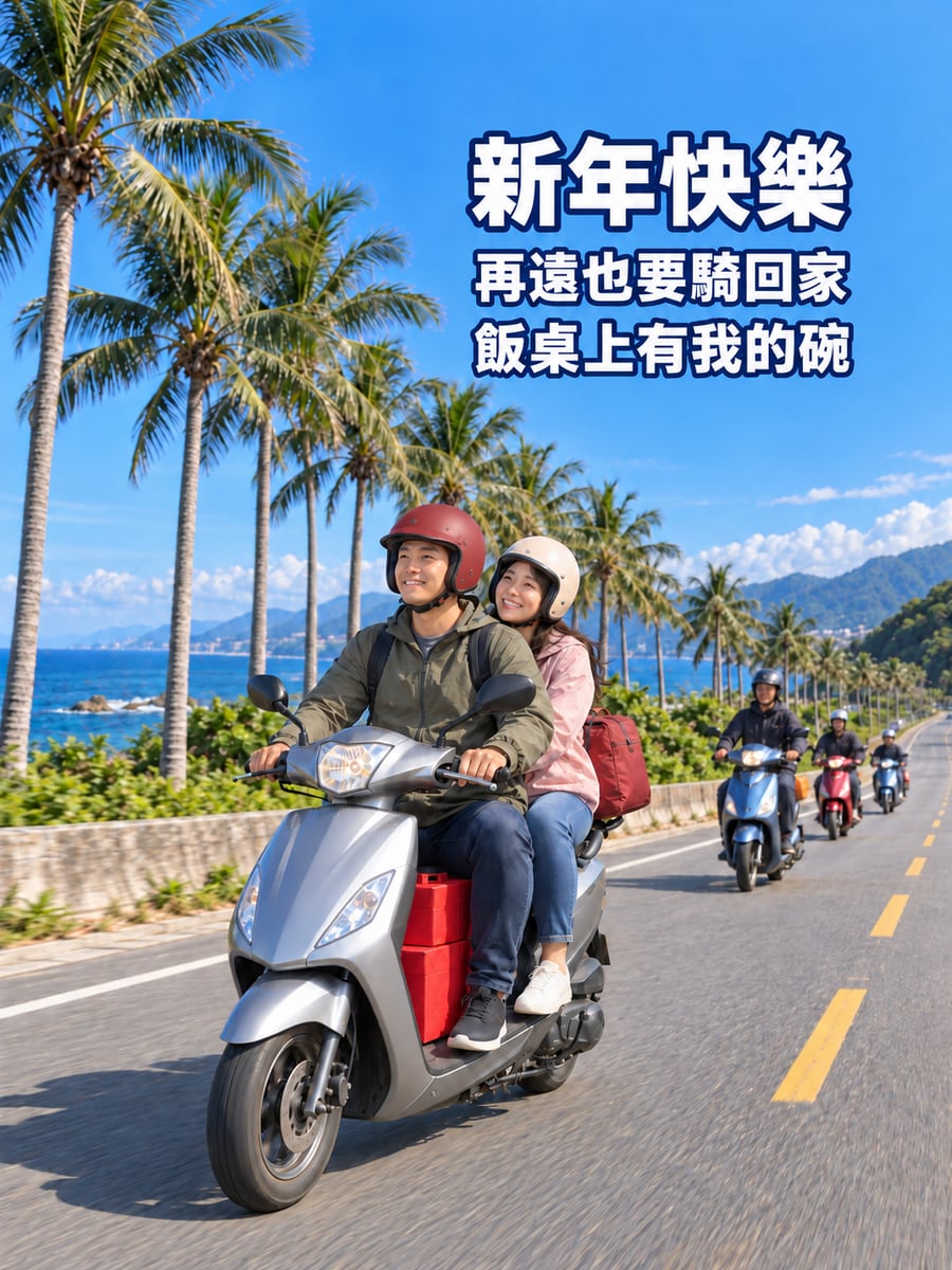 騎機車返鄉過年。圖中文字：新年快樂，再遠也要騎回家，飯桌上有我的碗