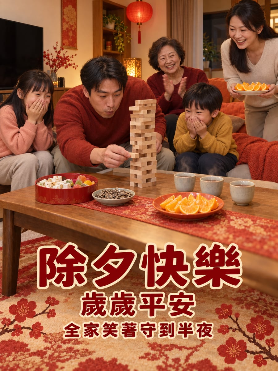 守歲玩疊疊樂。圖中文字：除夕快樂，歲歲平安，全家笑著守到半夜