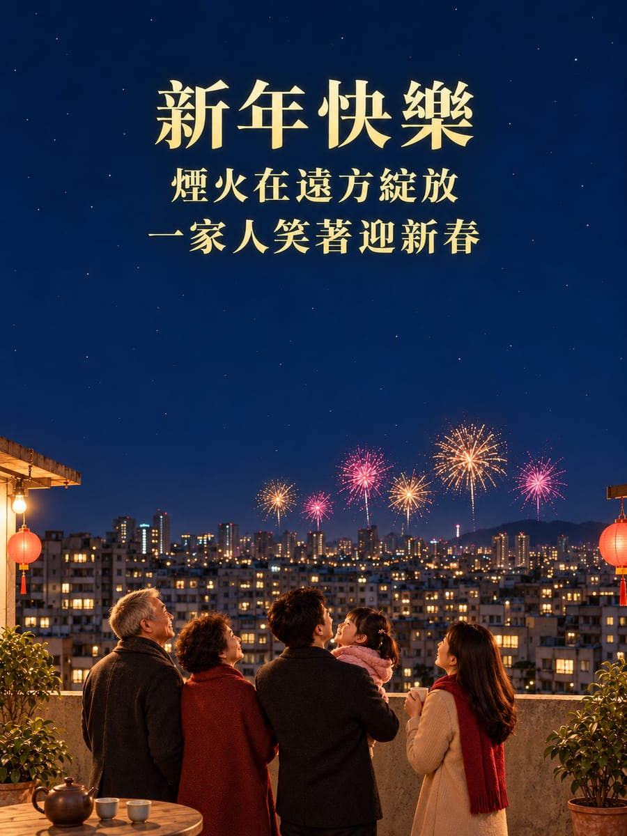 頂樓看遠方煙火。圖中文字：新年快樂，煙火在遠方綻放，一家人笑著迎新春