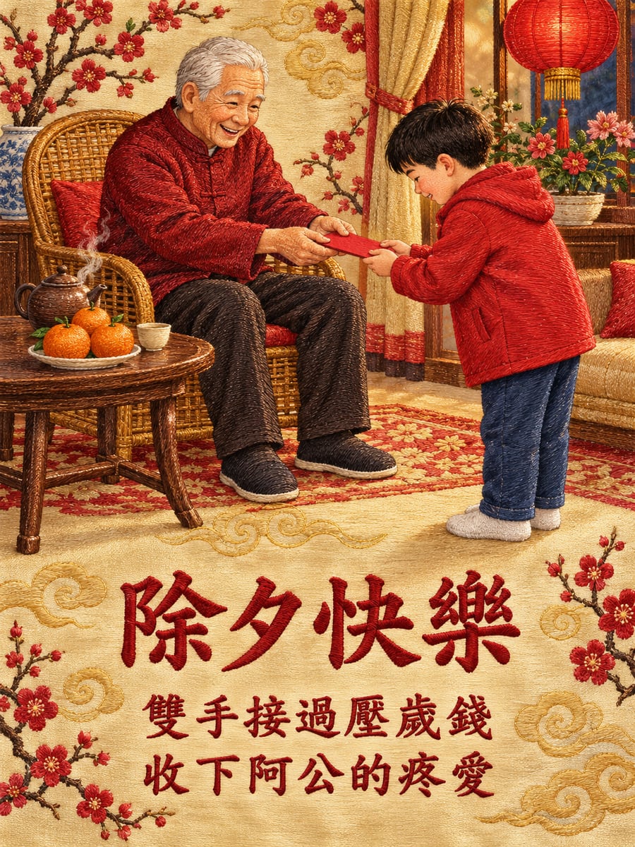 刺繡風壓歲錢。圖中文字：除夕快樂，雙手接過壓歲錢，收下阿公的疼愛