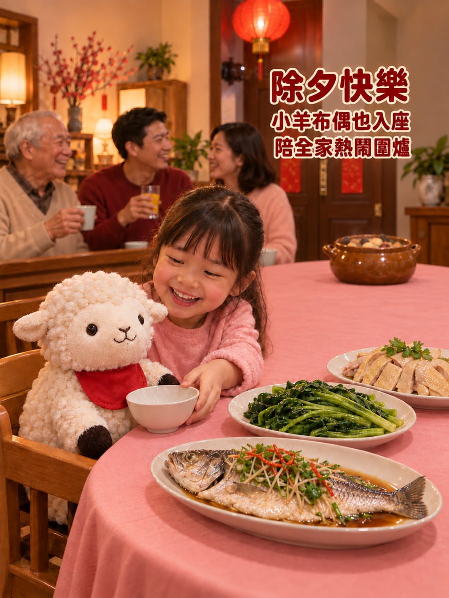 羊布偶陪大家圍爐。圖中文字：除夕快樂，小羊布偶也入座，陪全家熱鬧圍爐