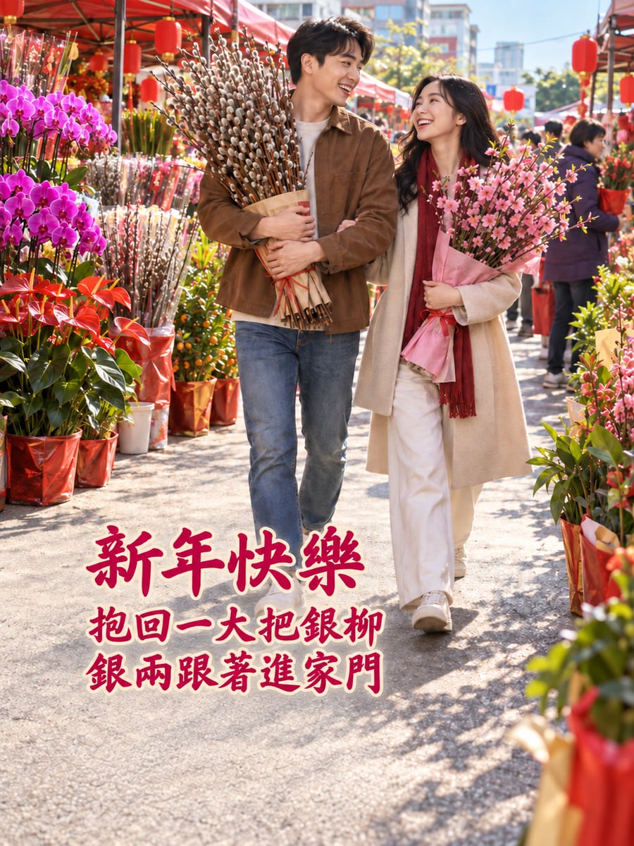 花市抱銀柳回家。圖中文字：新年快樂，抱回一大把銀柳，銀兩跟著進家門