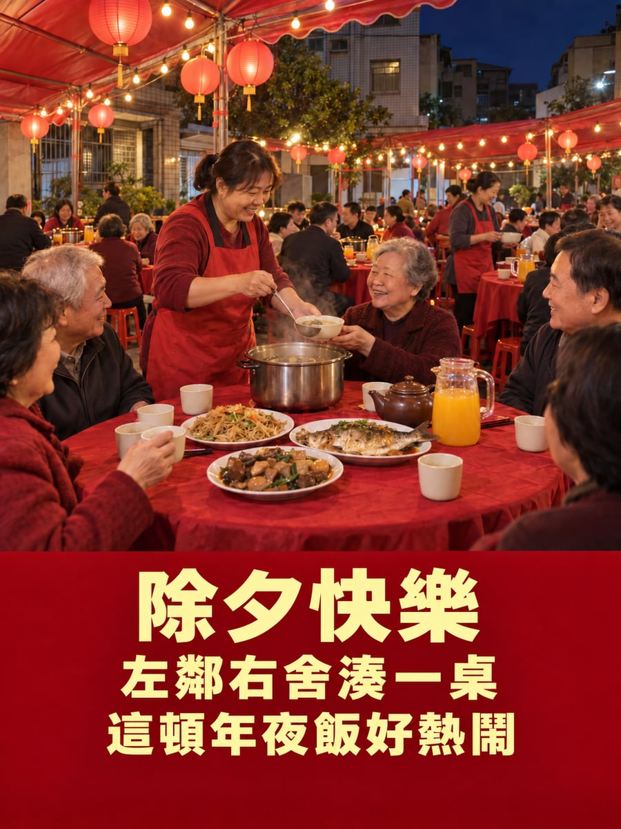 社區棚下一起圍爐。圖中文字：除夕快樂，左鄰右舍湊一桌，這頓年夜飯好熱鬧
