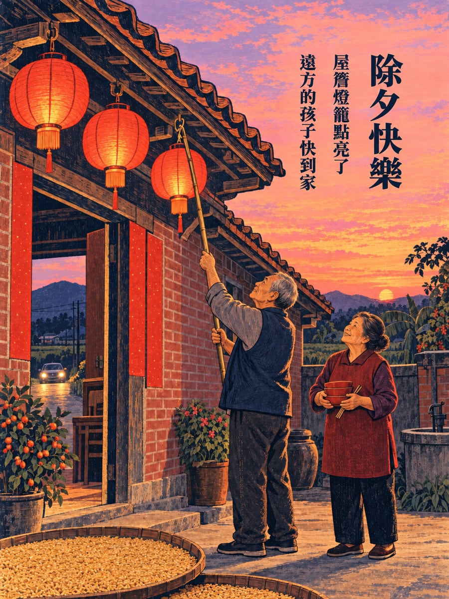版畫三合院亮燈籠。圖中文字：除夕快樂，屋簷燈籠點亮了，遠方的孩子快到家
