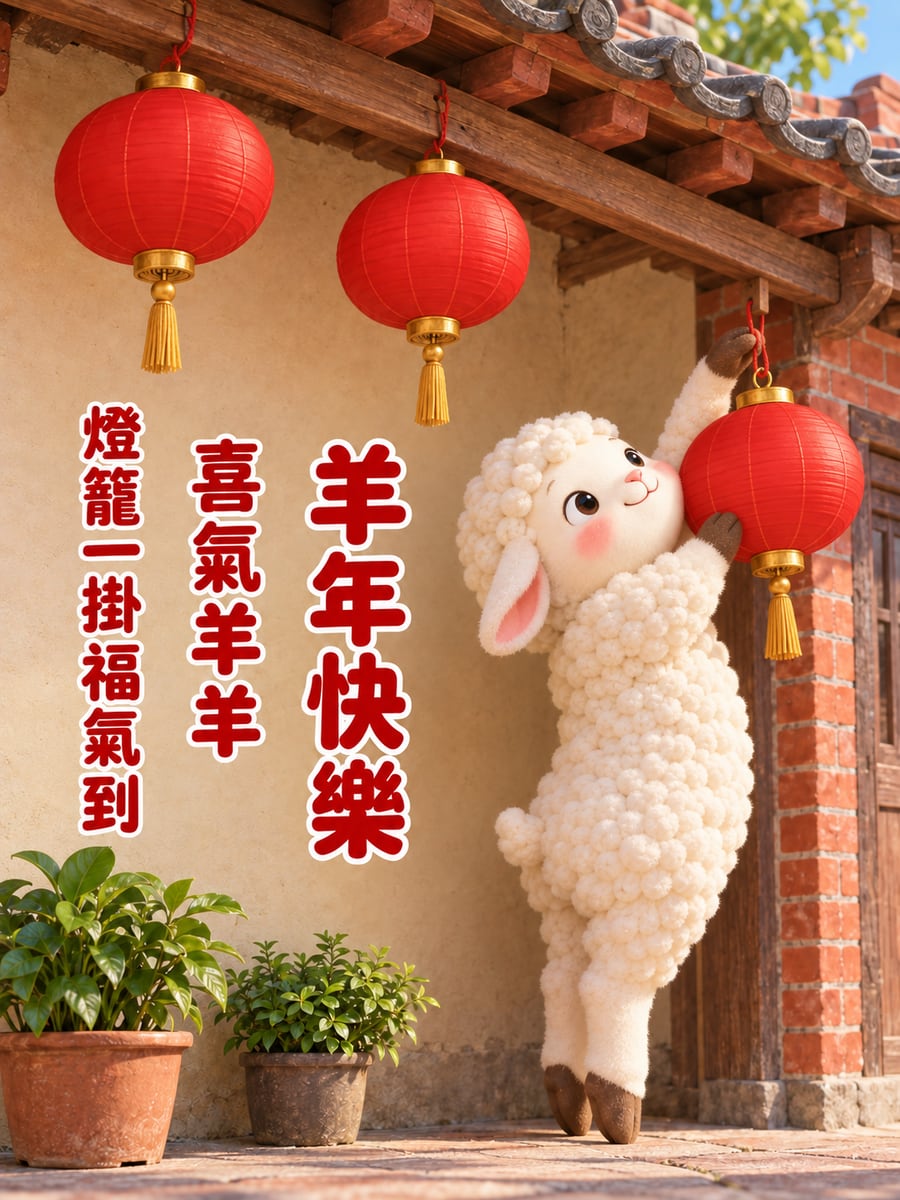 踮腳掛燈籠的小綿羊。圖中文字：羊年快樂，喜氣羊羊，燈籠一掛福氣到