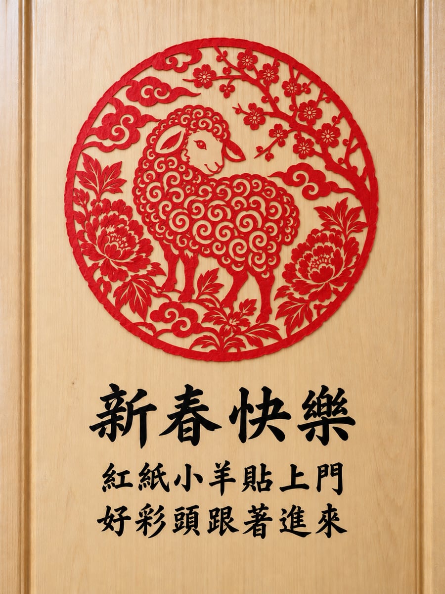 貼在木門上的紅色剪紙羊。圖中文字：新春快樂，紅紙小羊貼上門，好彩頭跟著進來