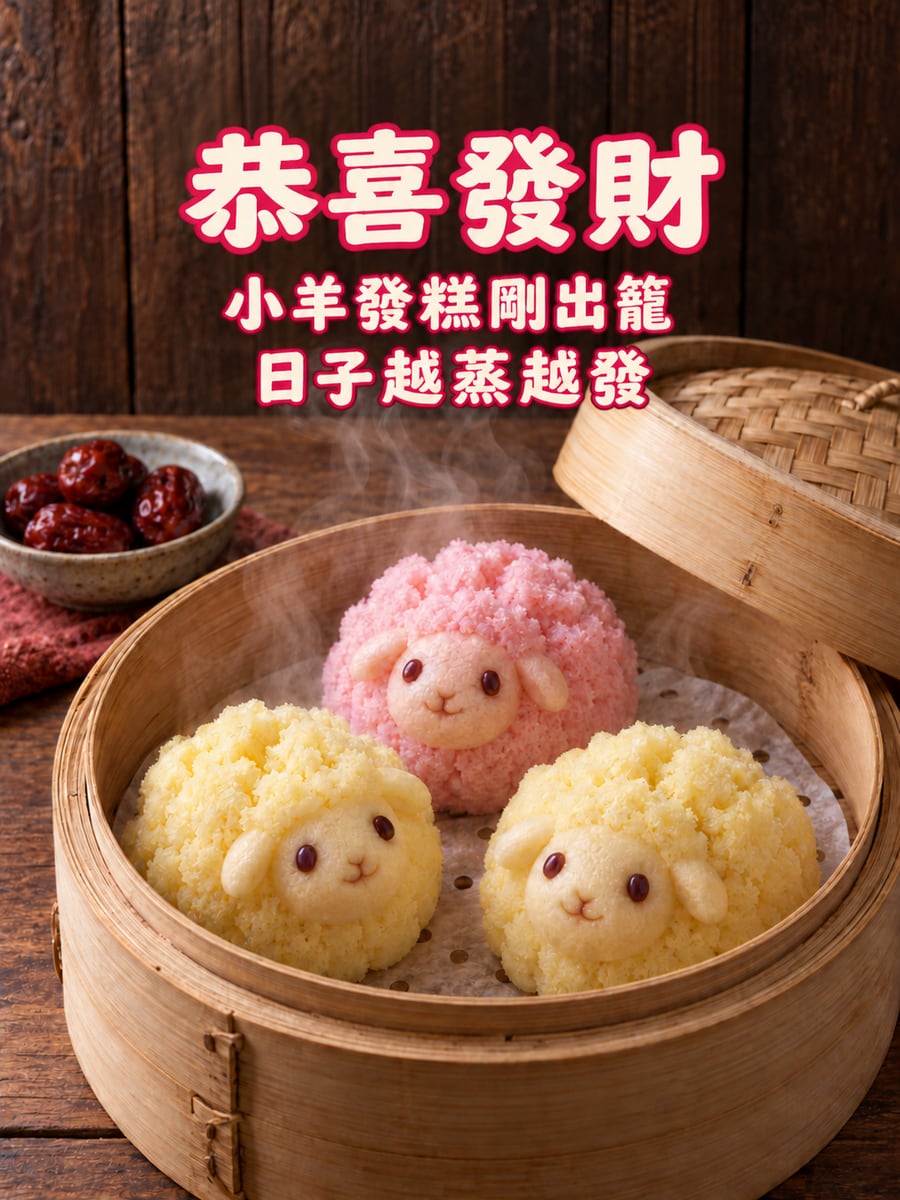 蒸籠裡的小羊發糕。圖中文字：恭喜發財，小羊發糕剛出籠，日子越蒸越發
