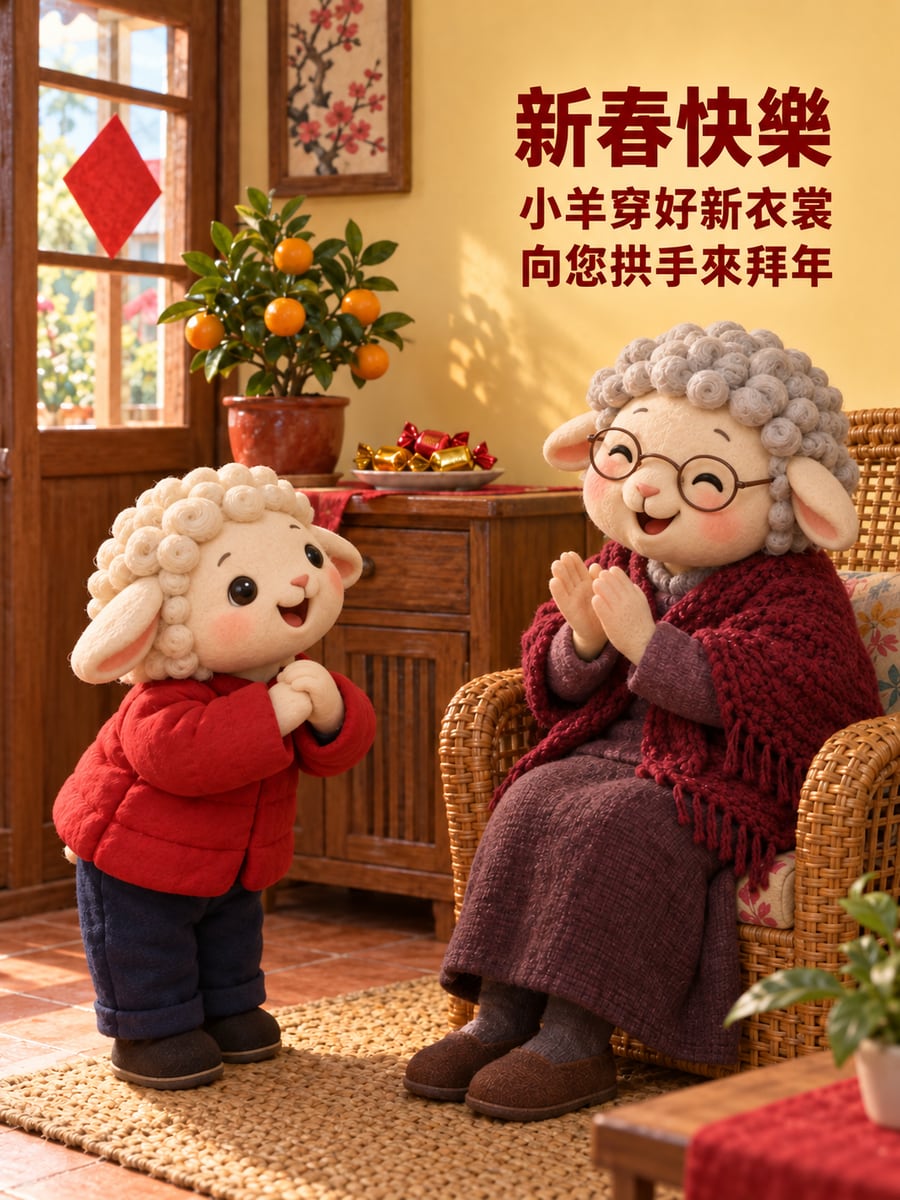 向羊奶奶作揖的小羊。圖中文字：新春快樂，小羊穿好新衣裳，向您拱手來拜年