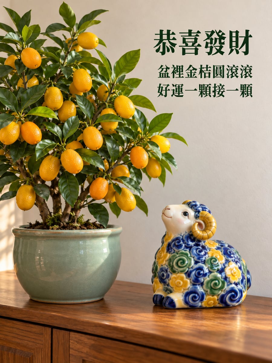 交趾陶小羊與金桔盆栽。圖中文字：恭喜發財，盆裡金桔圓滾滾，好運一顆接一顆
