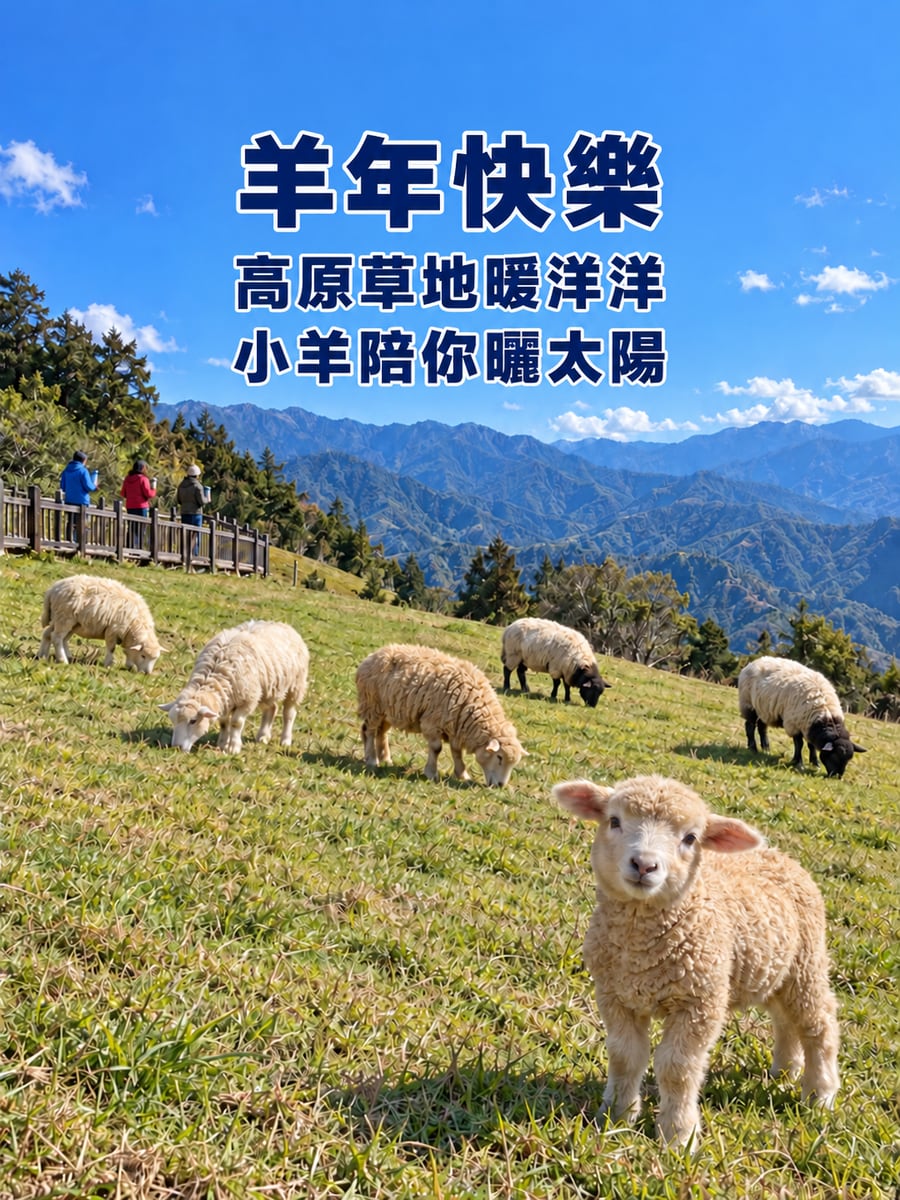 清境農場草原的綿羊。圖中文字：羊年快樂，高原草地暖洋洋，小羊陪你曬太陽