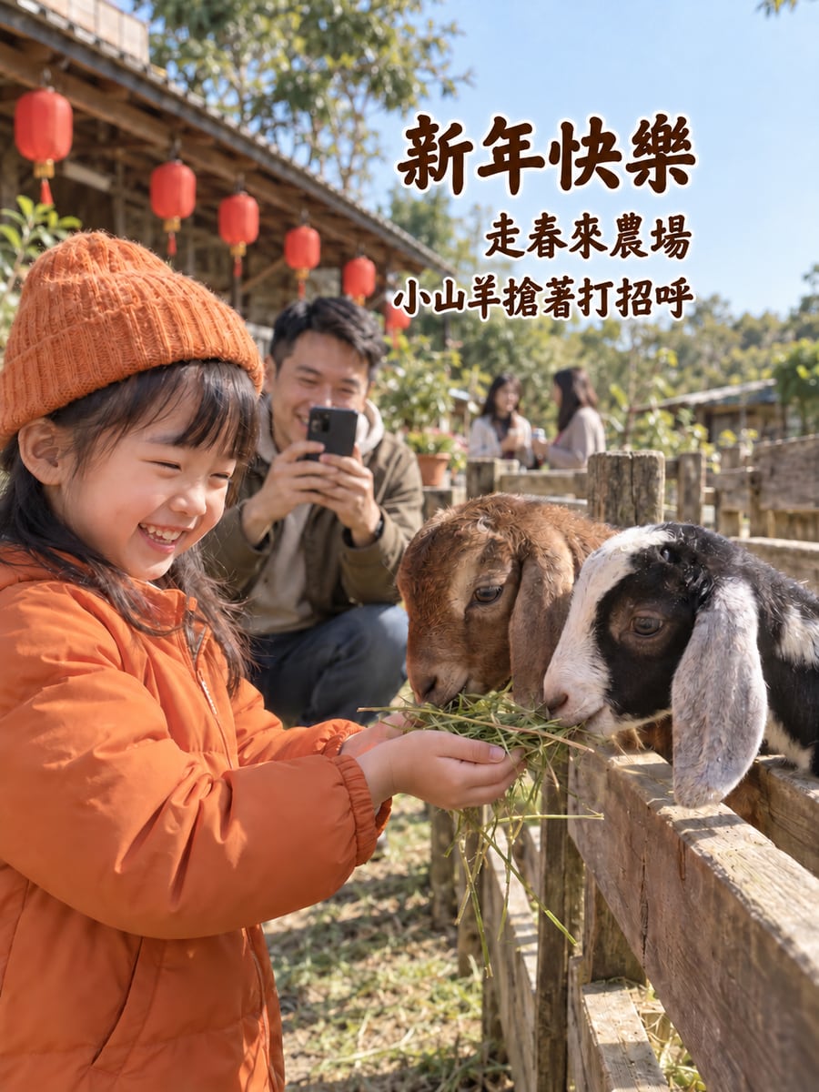 農場餵努比亞小山羊。圖中文字：新年快樂，走春來農場，小山羊搶著打招呼