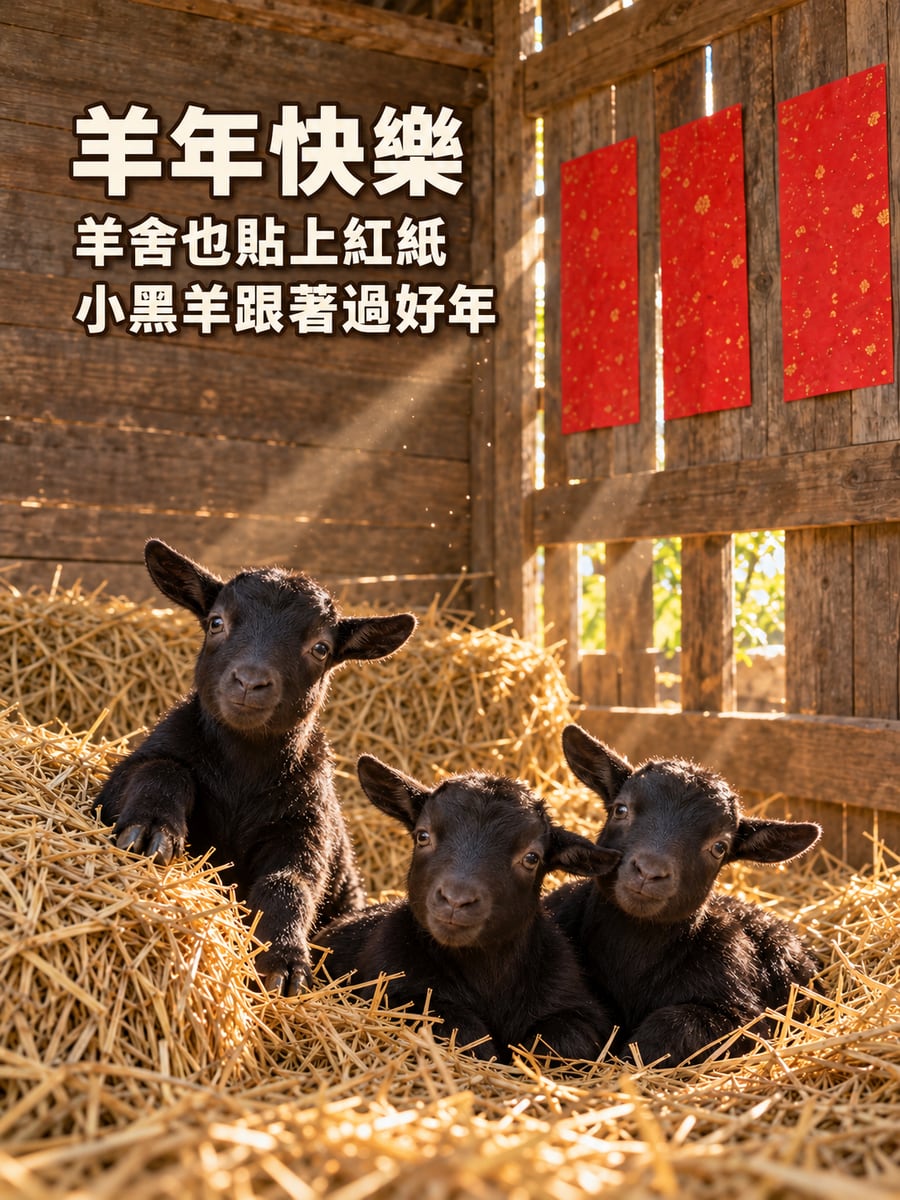 羊舍裡的台灣黑山羊寶寶。圖中文字：羊年快樂，羊舍也貼上紅紙，小黑羊跟著過好年