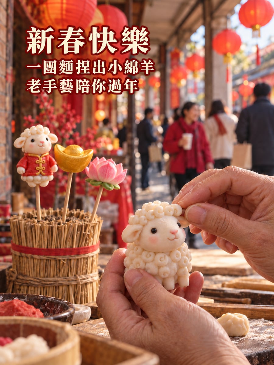 捏麵人師傅捏小羊。圖中文字：新春快樂，一團麵捏出小綿羊，老手藝陪你過年