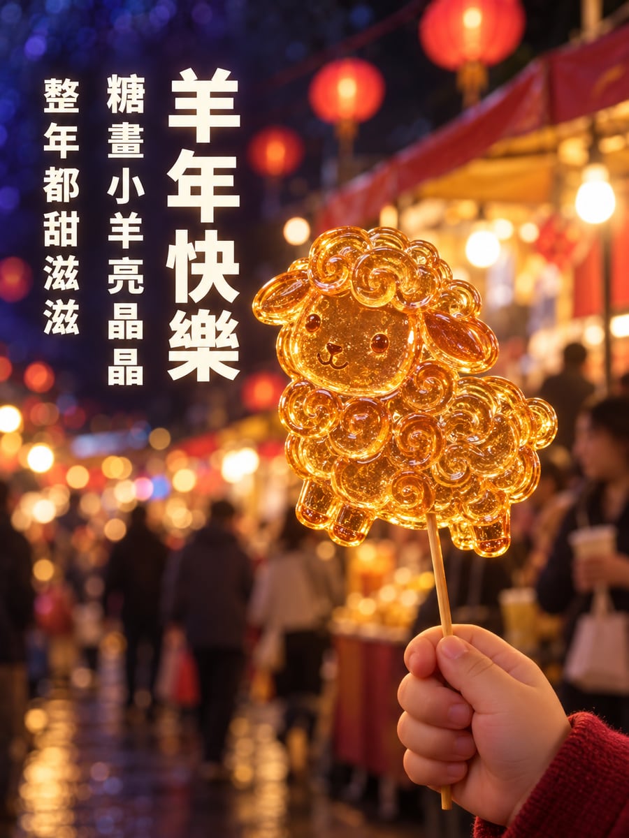 亮晶晶的糖畫小羊。圖中文字：羊年快樂，糖畫小羊亮晶晶，整年都甜滋滋