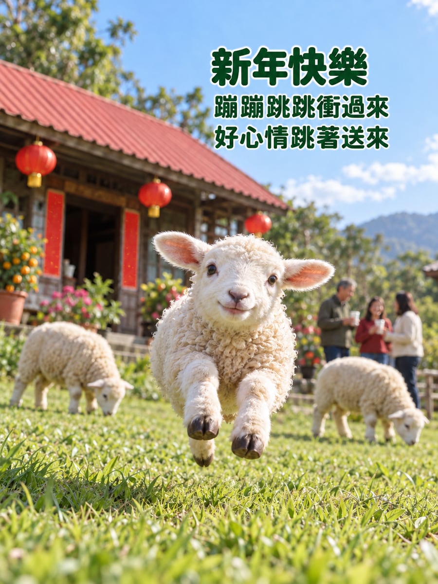 朝鏡頭蹦跳奔來的小綿羊。圖中文字：新年快樂，蹦蹦跳跳衝過來，好心情跳著送來