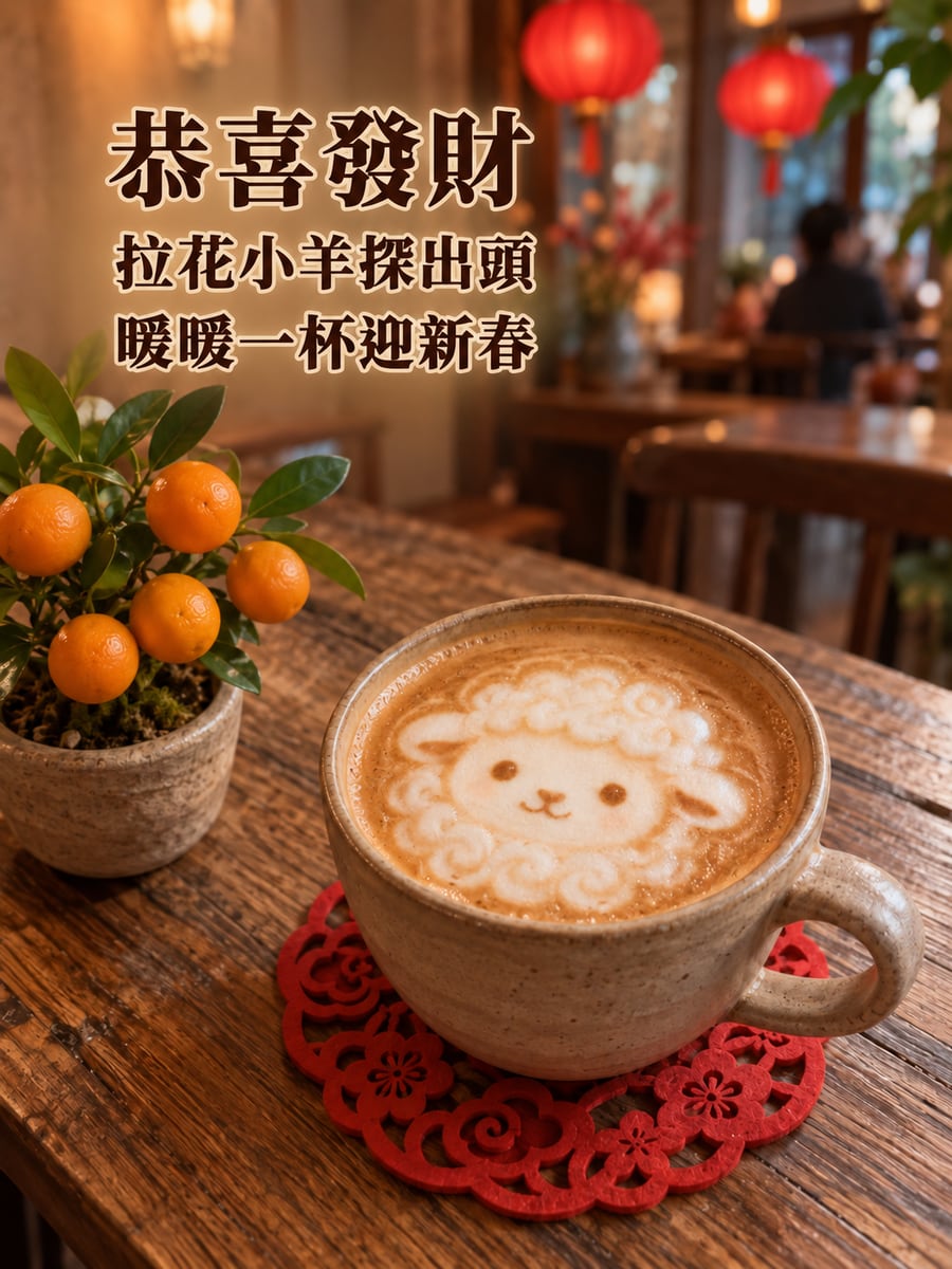 咖啡拉花小綿羊。圖中文字：恭喜發財，拉花小羊探出頭，暖暖一杯迎新春
