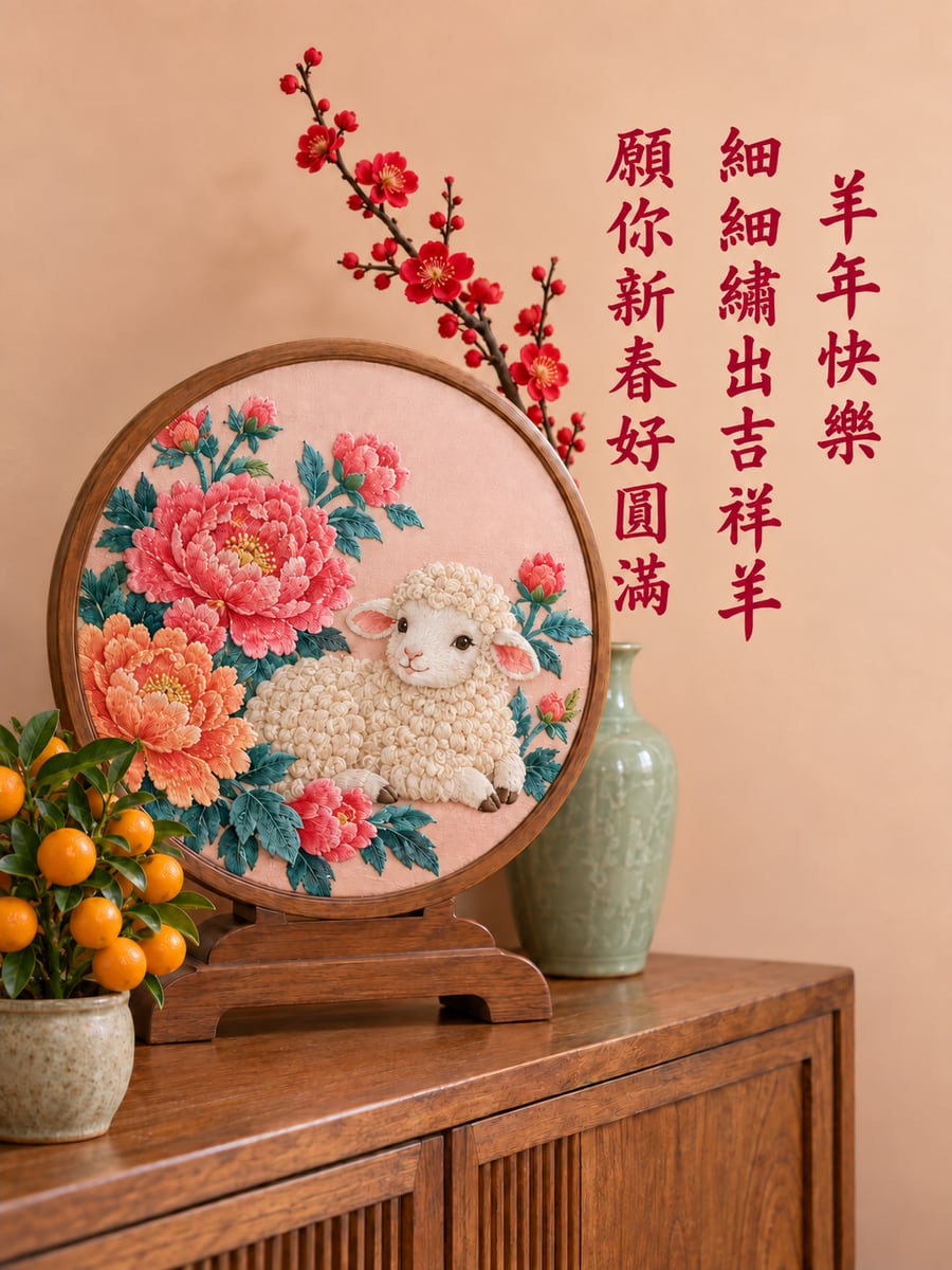 刺繡屏小羊與牡丹。圖中文字：羊年快樂，細細繡出吉祥羊，願你新春好圓滿