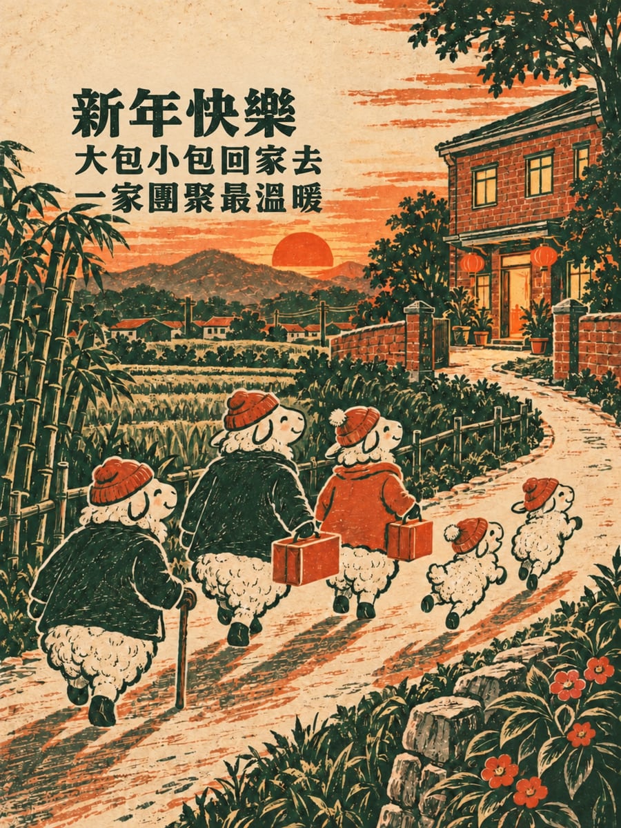 版畫羊家族回家過年。圖中文字：新年快樂，大包小包回家去，一家團聚最溫暖