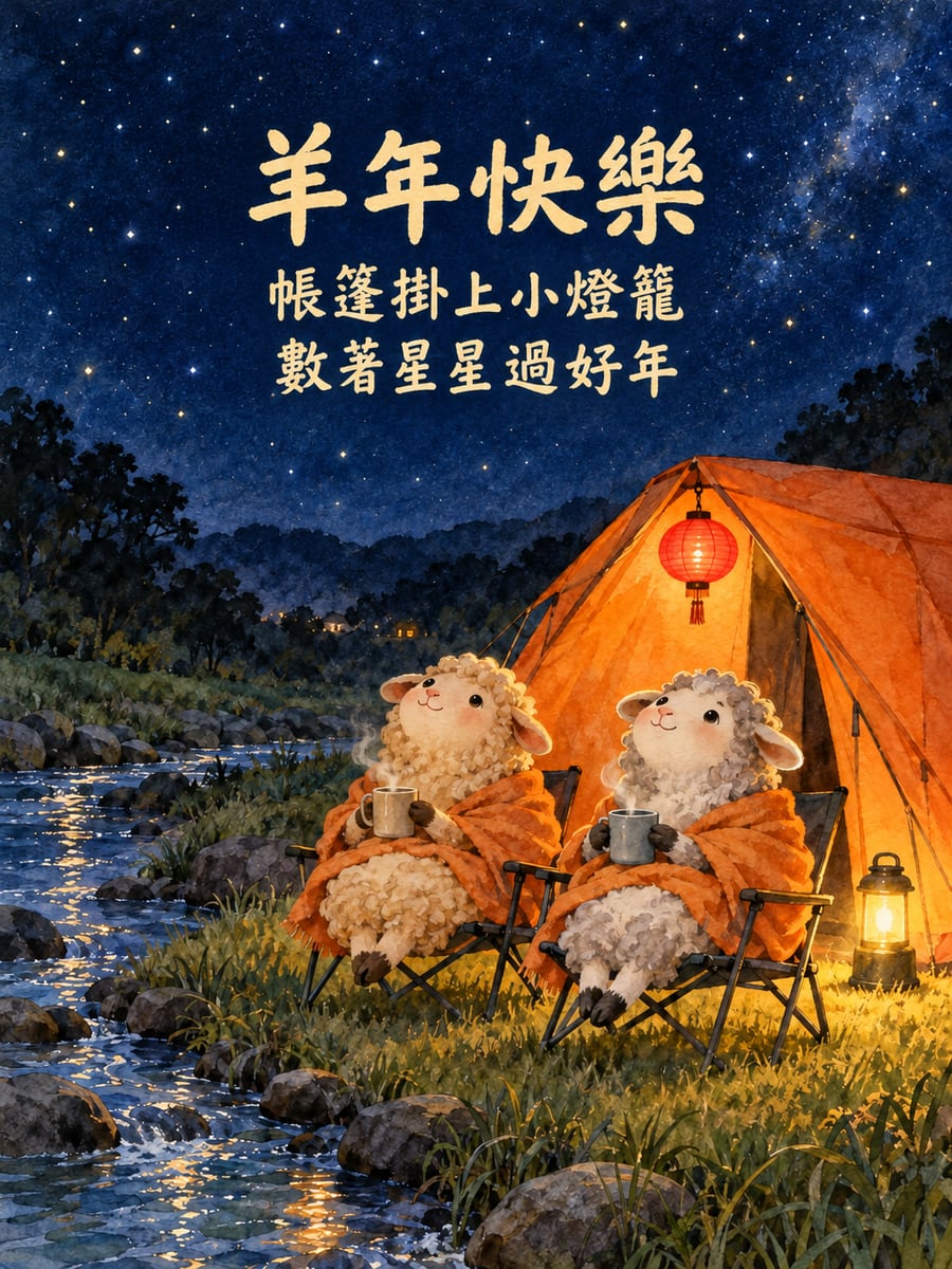 帳篷前看星星的兩隻小羊。圖中文字：羊年快樂，帳篷掛上小燈籠，數著星星過好年
