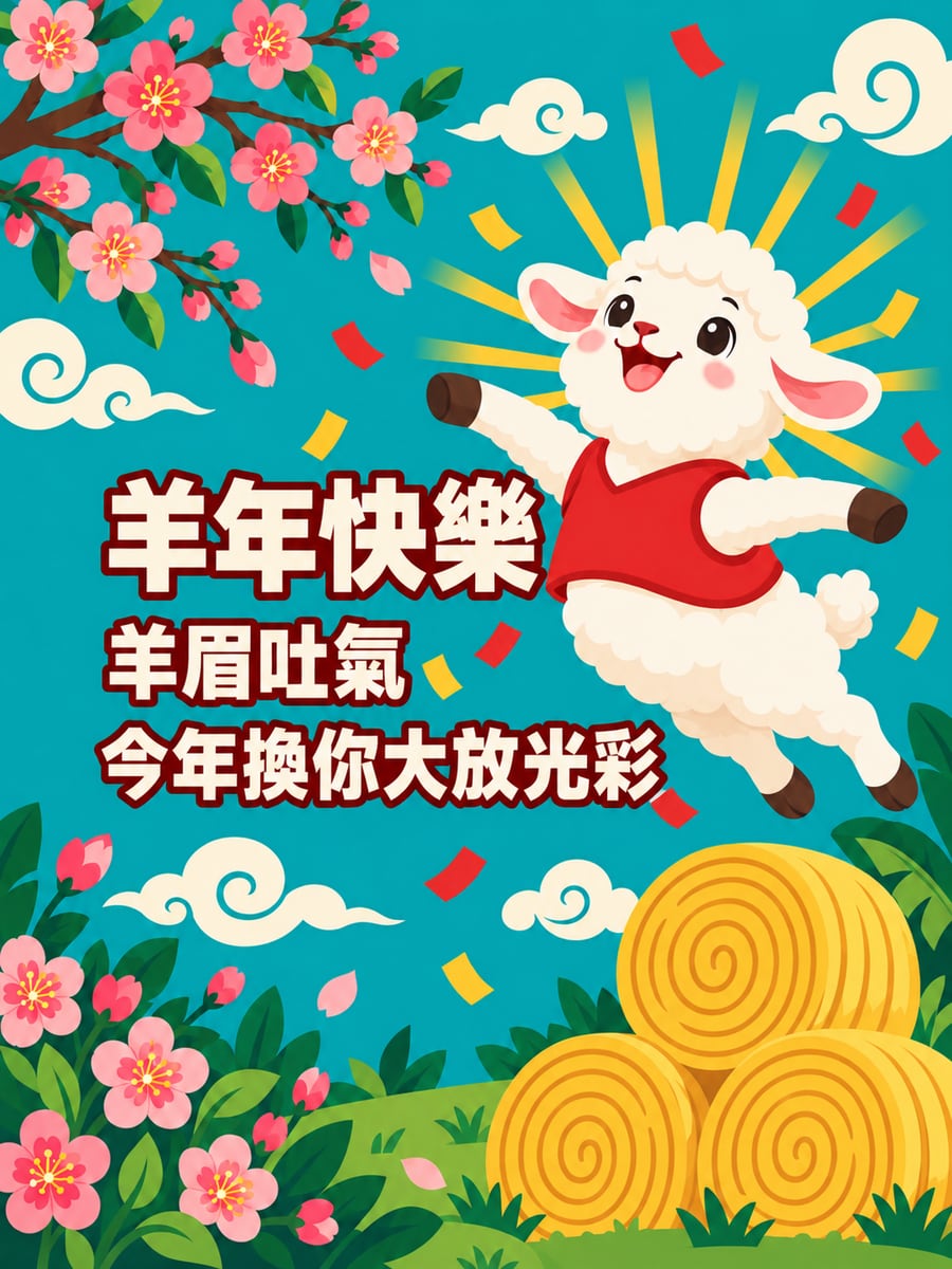 神氣跳起的小羊。圖中文字：羊年快樂，羊眉吐氣，今年換你大放光彩