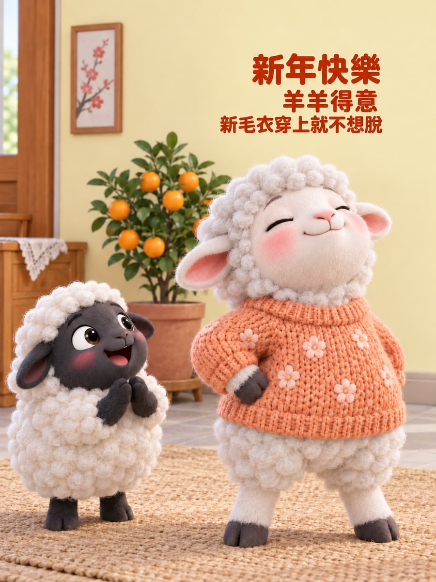 穿新毛衣的得意小羊。圖中文字：新年快樂，羊羊得意，新毛衣穿上就不想脫