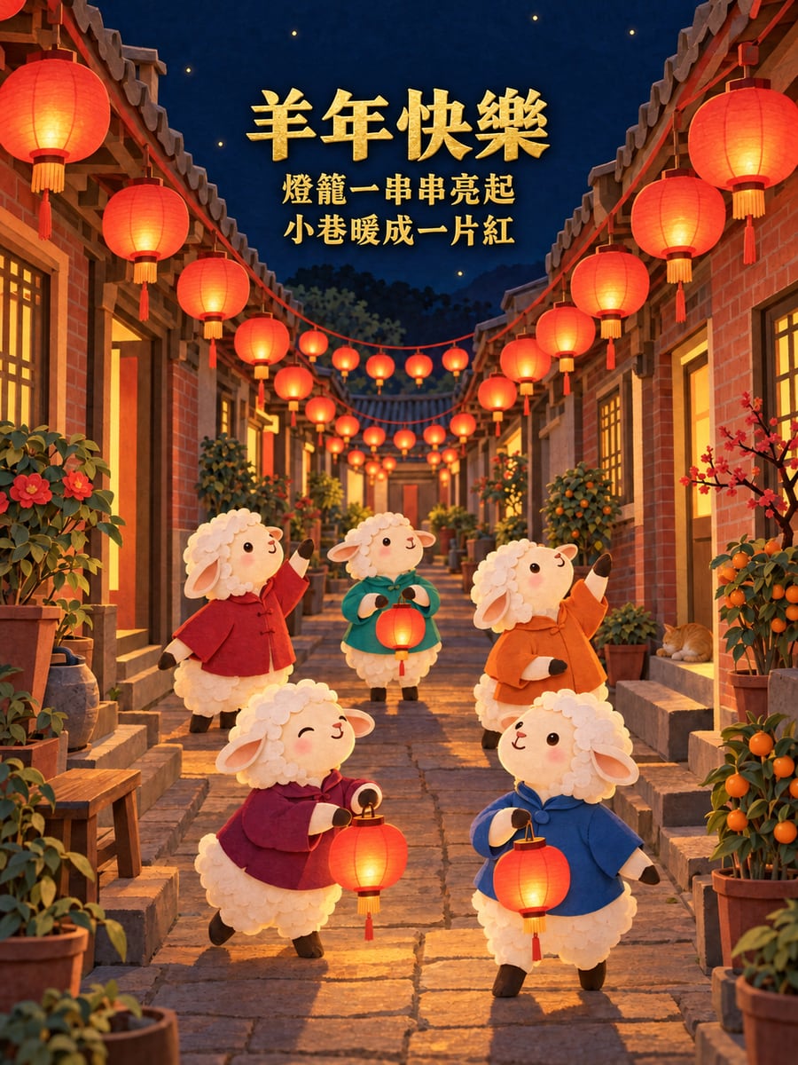 紙雕小羊巷過除夕。圖中文字：羊年快樂，燈籠一串串亮起，小巷暖成一片紅