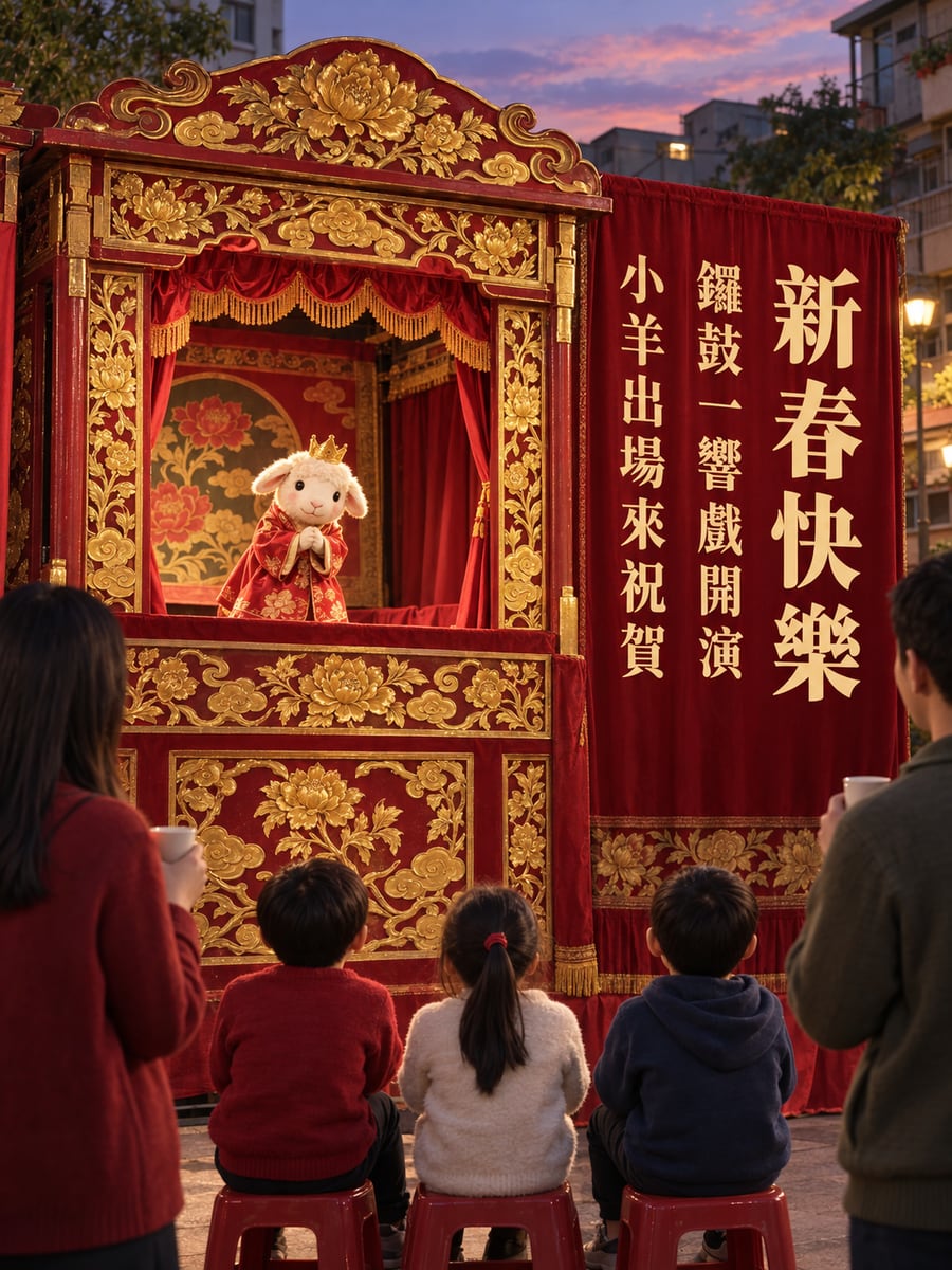 布袋戲小羊出場。圖中文字：新春快樂，鑼鼓一響戲開演，小羊出場來祝賀