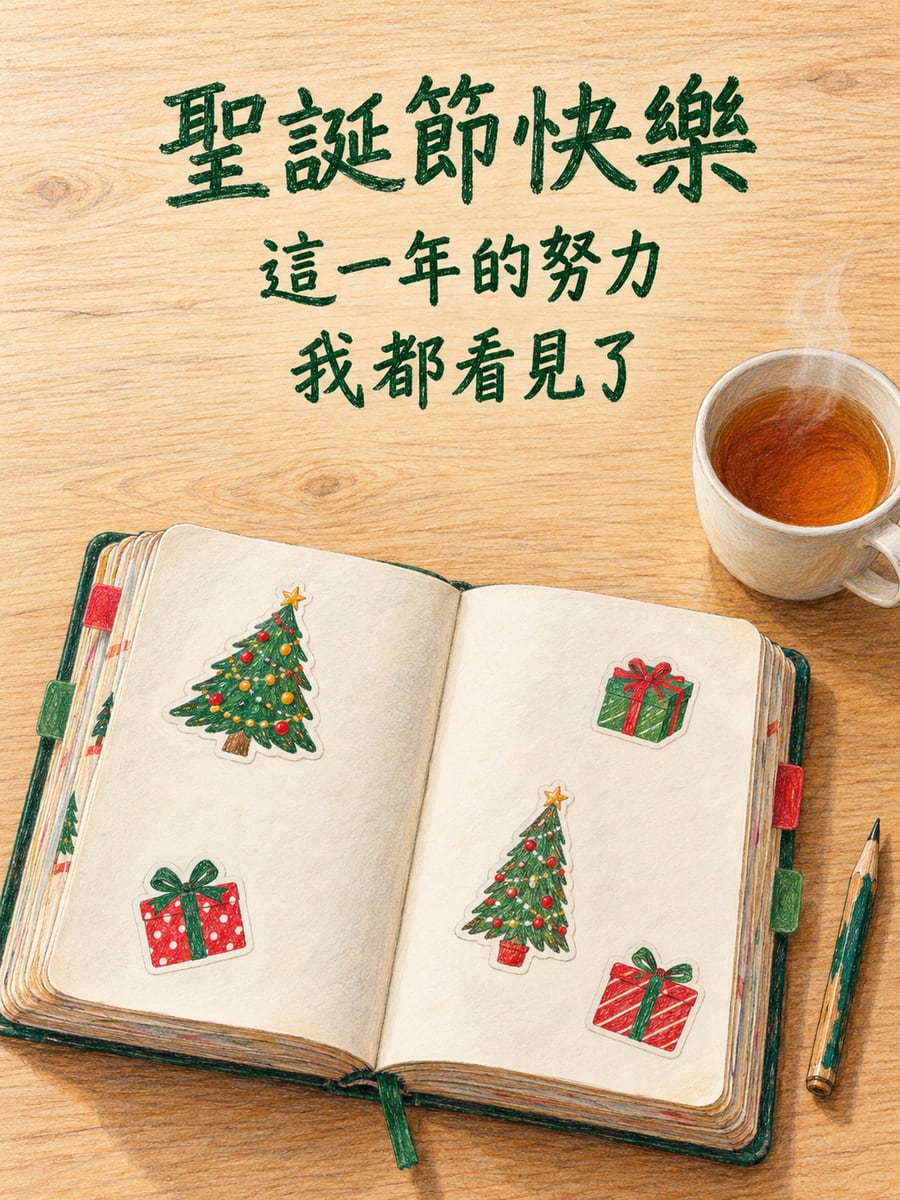 手帳上貼滿聖誕貼紙。圖中文字：聖誕節快樂，這一年的努力，我都看見了