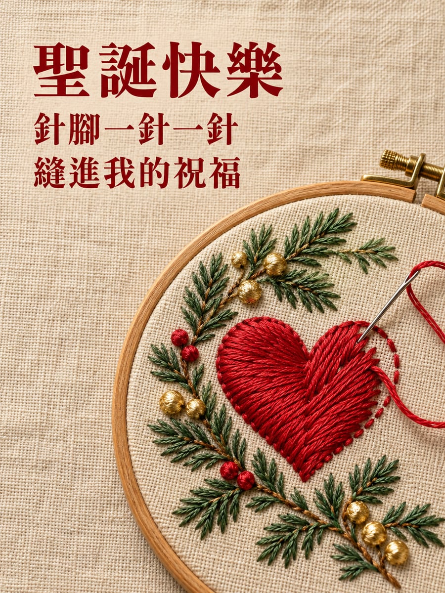 刺繡的紅愛心與松枝。圖中文字：聖誕快樂，針腳一針一針，縫進我的祝福