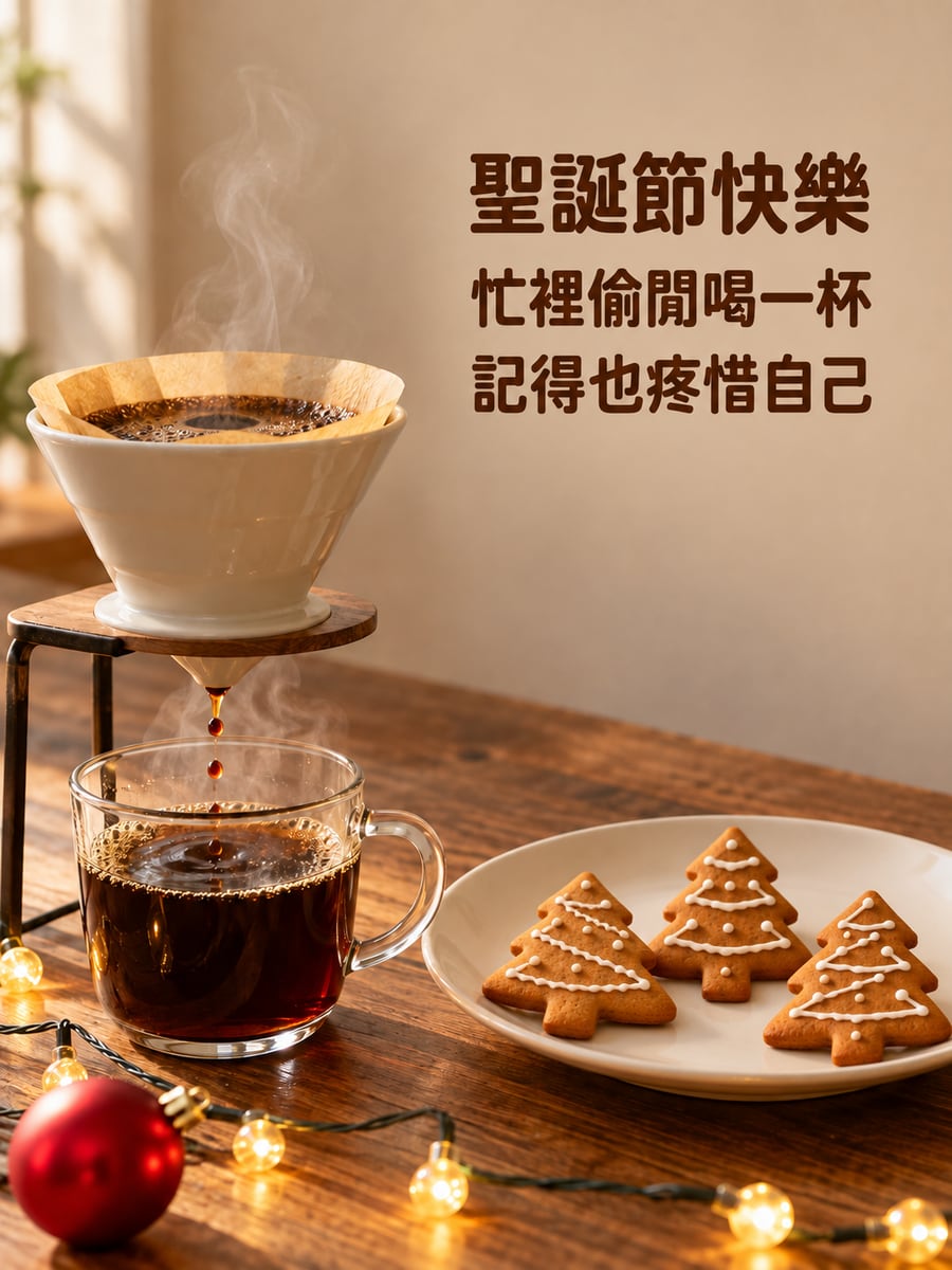手沖咖啡配樹形餅乾。圖中文字：聖誕節快樂，忙裡偷閒喝一杯，記得也疼惜自己