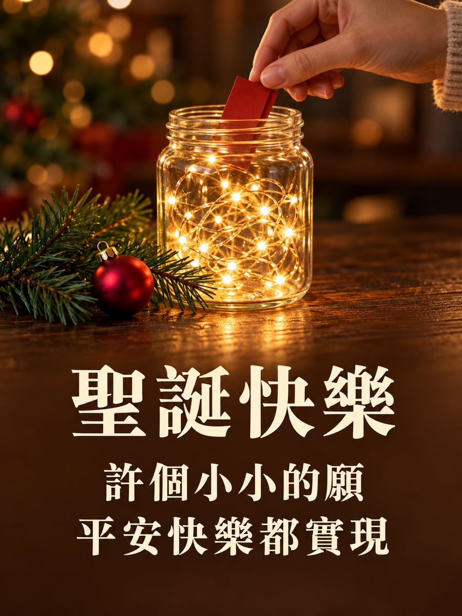 玻璃罐裡的小燈。圖中文字：聖誕快樂，許個小小的願，平安快樂都實現