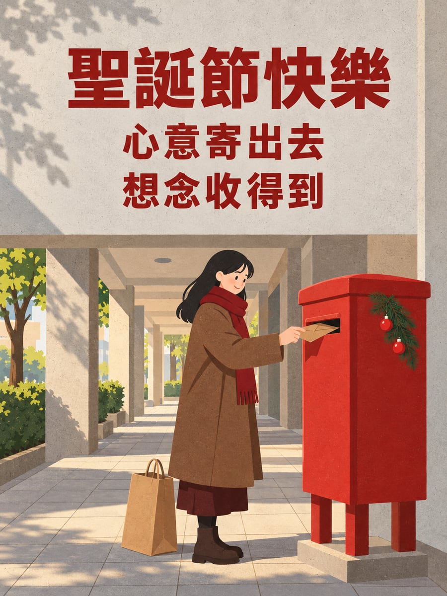 郵筒前寄出的牛皮紙信。圖中文字：聖誕節快樂，心意寄出去，想念收得到