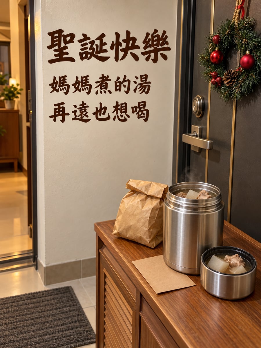 門口的保溫瓶。圖中文字：聖誕快樂，媽媽煮的湯，再遠也想喝