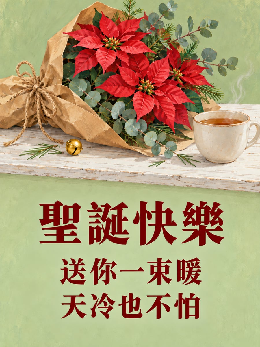 聖誕紅與尤加利花束。圖中文字：聖誕快樂，送你一束暖，天冷也不怕